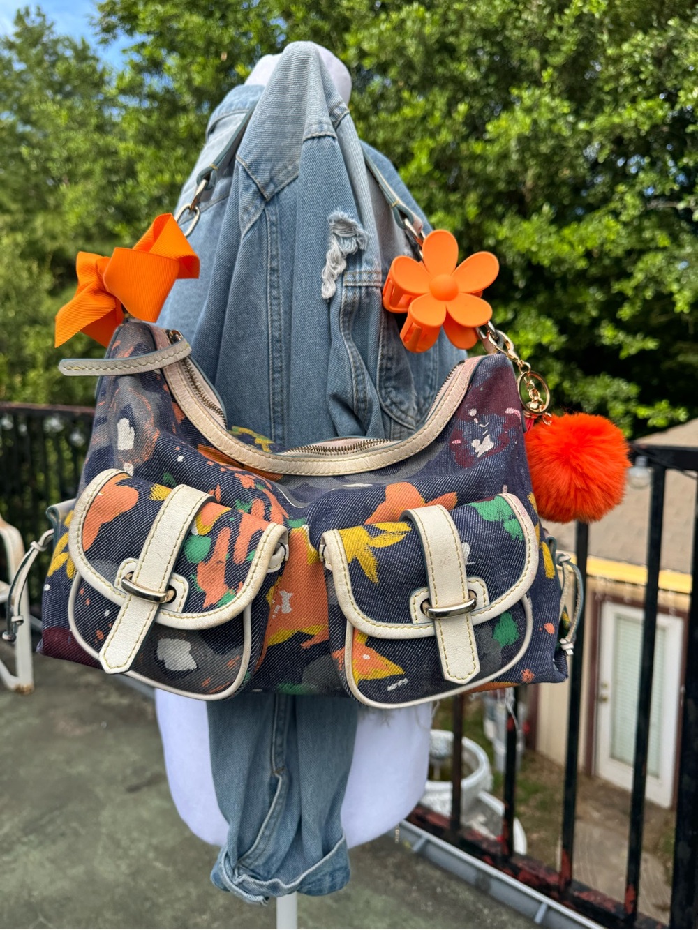 Dooney & Bourke Navy Floral Canvas Shoulder Bag with Orange Accents - Picture 2 of 6